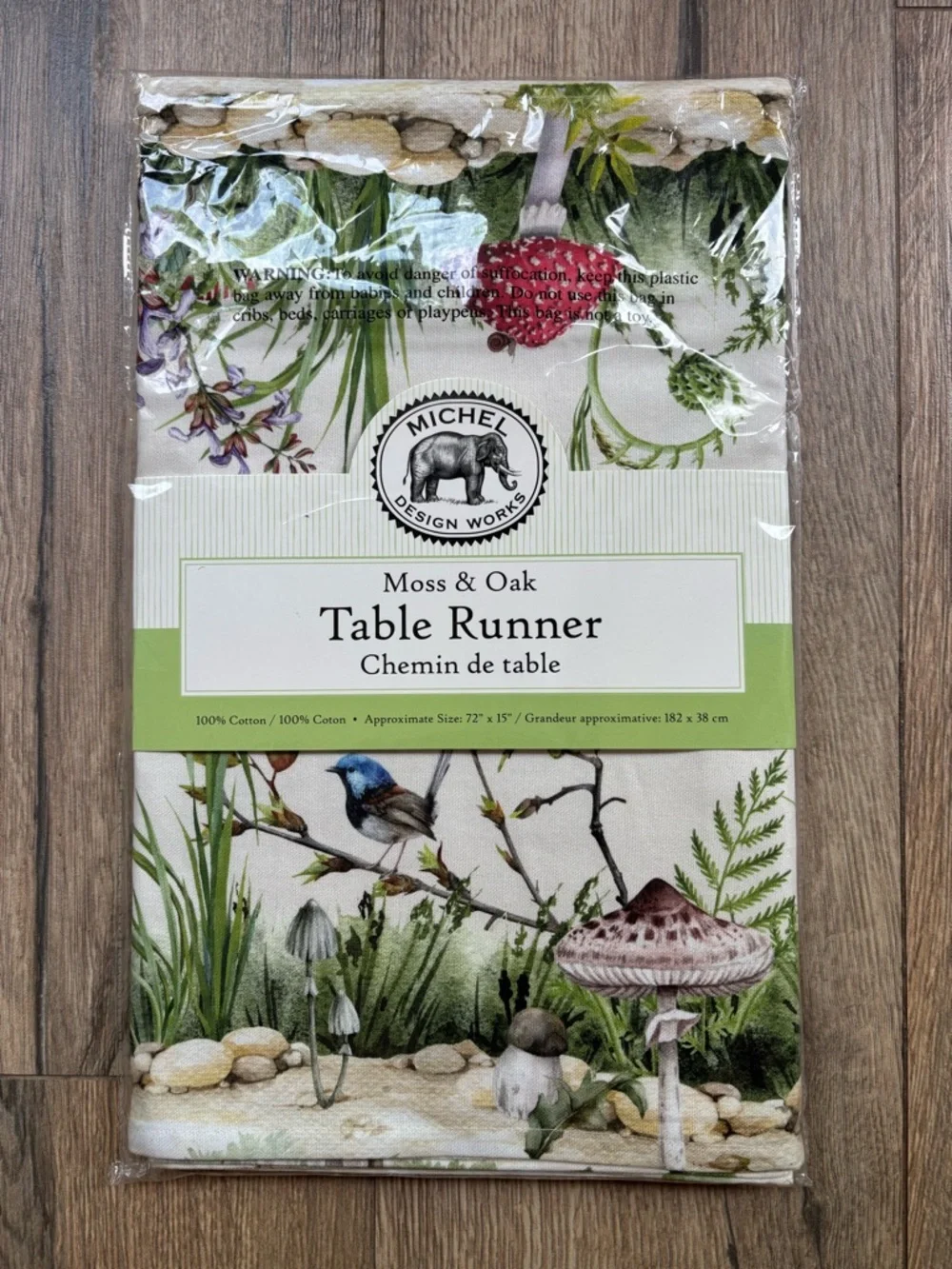 Michel Moss & Oak Table Runner Green Botanical Mushroom Bird Print 72”x15” NEW